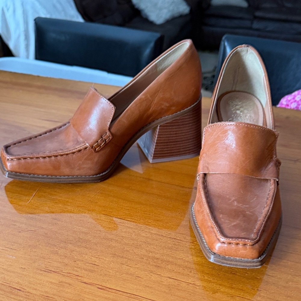Vince Camuto Tan Leather Block Heel Loafers